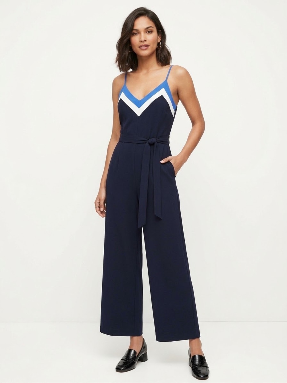 Banana Republic Navy V-Neck Wide-Leg Jumpsuit with Blue & White Chevron Trim